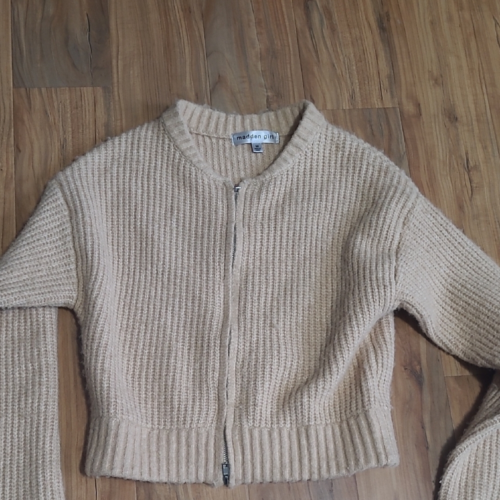 Madden Girl Neutral Beige Zip-Up Cropped Ribbed Cardigan